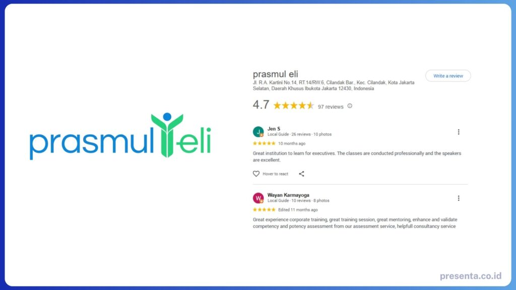 Google Review Top Training Provider Indonesia Prasmul ELI