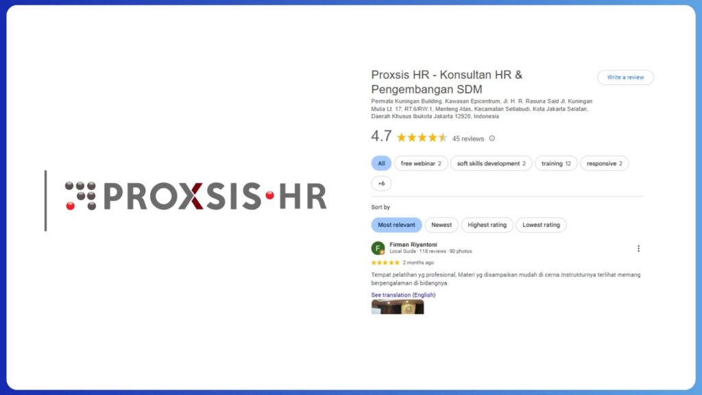 Google Review Top Training Provider Indonesia Proxsis HR