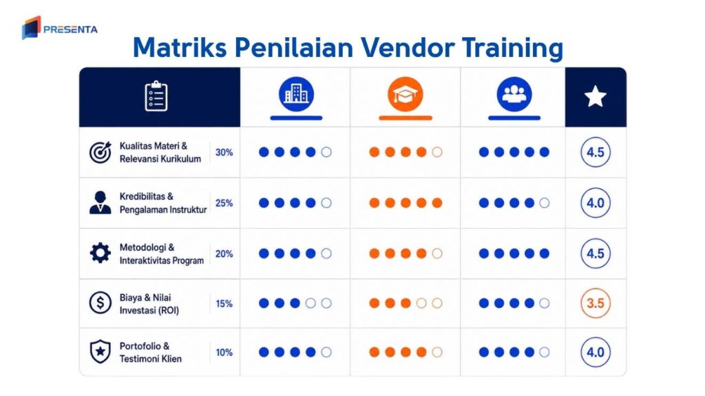Matriks Penilaian Vendor Training: Kunci Sukses Memilih Mitra Pengembangan Karyawan 2 Matriks Penilaian Vendor Training untuk Memilih Vendor Training yang Paling Sesuai