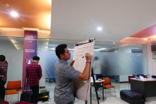 Peserta mengerjakan tugas tantangan delivery presentasi di kertas flipchart