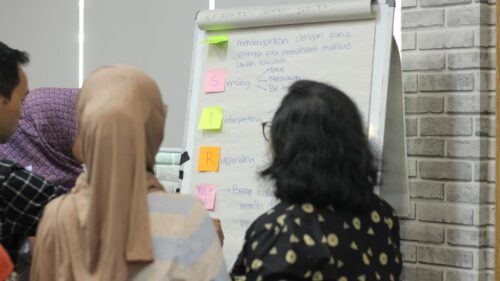 Peserta mengerjakan tugas kelompok (SIR Method) di kertas flipchart